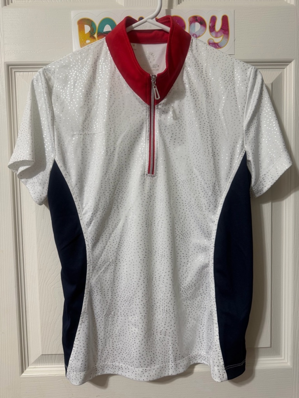 Women’s White Jersey with Red Zip Collar and Navy Side Panels